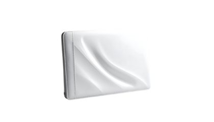 Sleek, white, square device with subtly sculpted, wavy surface; appears compact and modern, possibly electronic