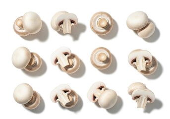 Whole and sliced mushrooms isolated on white background