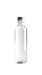 Clear glass bottle with a silver screw-top cap, slightly curved, empty and transparent against a black background