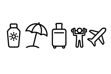 Travel related icons set with sunscreen bottle, beach umbrella, luggage suitcase, fitness workout person, airplane, simple line signs for banners, infographics, articles, and designs