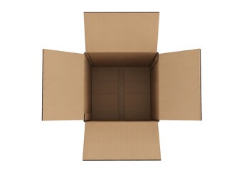 Open cardboard box from above isolated on white background