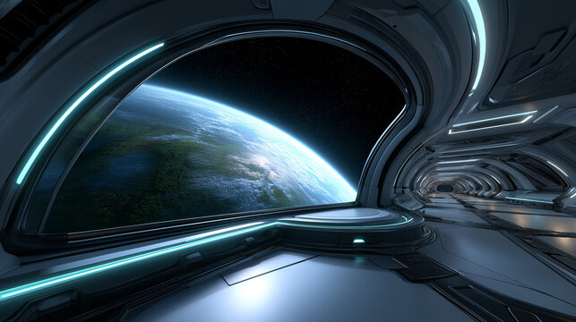 Elegantes Raumschiff-Cockpit mit Blick auf Planeten und sternenklaren Weltraum