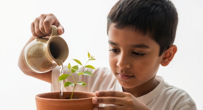 Indian boy watering a small plant in a pot indoors  