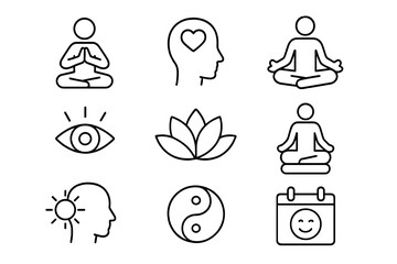 Wellness and mindfulness icons set. Meditation poses, lotus flower, yin yang symbol, mental health, love and peace, calm mind, relaxation, spirituality, balance and harmony concept.