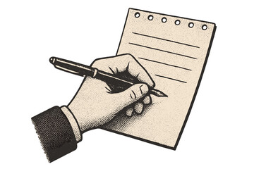 Vintage halftone hand holding pen writing on notepad sheet, diary and list concept, vector illustration of planning, business notes, finance, banking, presentation idea