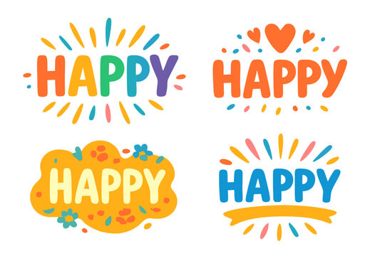 Colorful happy text designs for joyful celebration, cheerful lettering with decorative elements, festive vector set with rainbow and floral accents, vibrant happiness theme illustrations