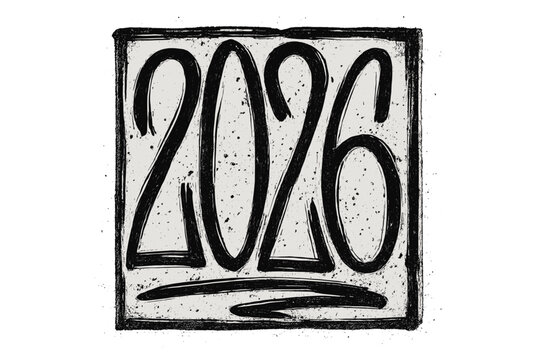 2026 number in graffiti lettering style. Grunge typographic composition. Textured hand drawn font. Distorted characters in square shape. Modern trendy vector design element.