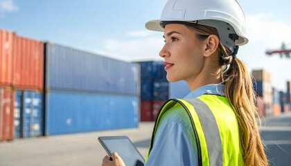 Container logistics shipping scene with a beautiful female engineer, holding a tablet while inspecting loading containers at terminal port