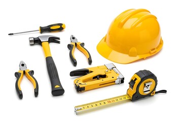 Fototapeta premium Construction tools and hard hat isolated on white background