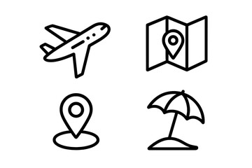Travel and vacation line icon set. Collection of simple outline pictograms including plane, map with pin, location marker, and beach umbrella. For web design, mobile app, UI, UX.