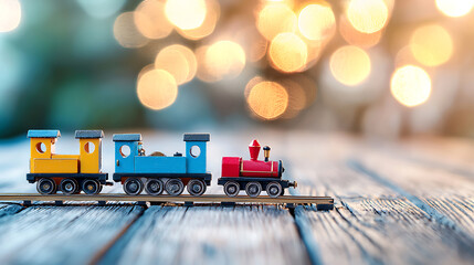 Classic vintage toy train set on wooden floor, evoking nostalgia and joy with its colorful design and charming details