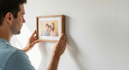Caucasian man hanging a framed family photo on a white wall  