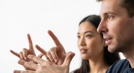 Fototapeta premium Two individuals communicating using hand gestures indoors 