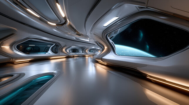 Elegantes Raumschiff-Cockpit mit Blick auf Planeten und sternenklaren Weltraum