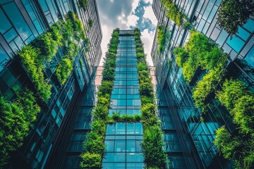 Eco-friendly architecture and sustainable design in a city, featuring glass buildings and green spaces, with a focus on carbon footprint reduction and environmental responsibility, Generative AI