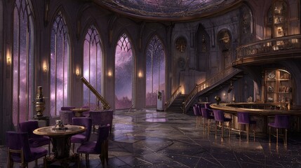 Fantasy Night Bar Interior With Stellar View