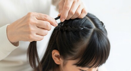Fototapeta premium Parent braiding young girl's hair while sitting indoors in daylight 