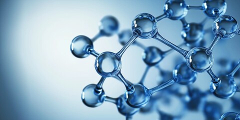 Close-up of blue glass carbon monochrome molecular structure on light background with atoms and double exposure for scientific illustration concept