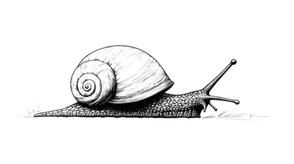 A minimalist line drawing of a snail created with a single black pen stroke isolated on a white background