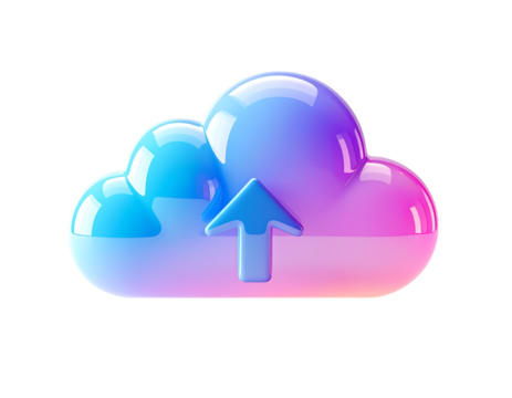 Glossy, vibrant blue-pink cloud icon with upward arrow, symbolizing data upload or cloud storage - Powered by Adobe