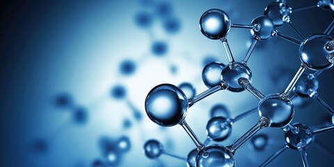 Abstract blue background with surrounding water molecules or carbon atomic structures adding depth and complexity for futuristic cosmetic product scientific presentation