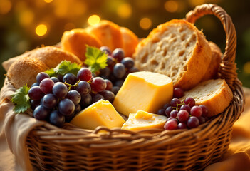 Rustic Basket of Bread, Cheese, and Grapes at Golden Hour
