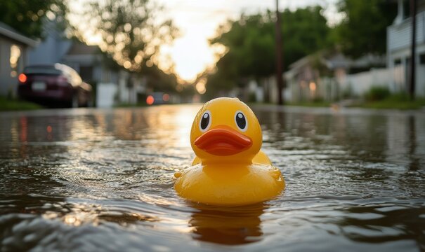 Water and rubber duck symbolizing the impact of a hurricane flood on homes, emphasizing the need for crisis management, insurance, and emergency response, Generative AI