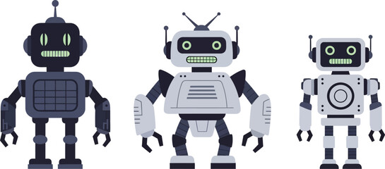 Illustration of three cartoon robots on a plain white background editable stock
