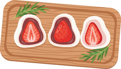 Three strawberry mochi on a wooden board with rosemary garnish editable stock
