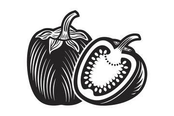Black Whole Bell Pepper with a Sliced Half on White Background