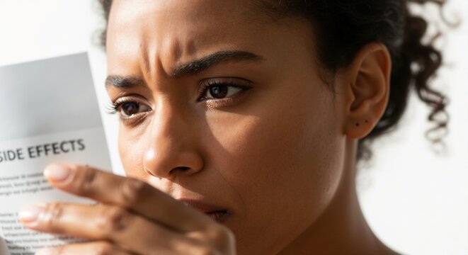 Woman reading medication side effects with a worried expression indoors  