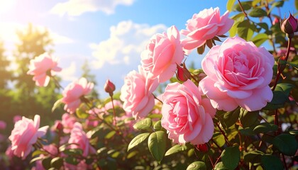 Pink roses in a garden at sunset