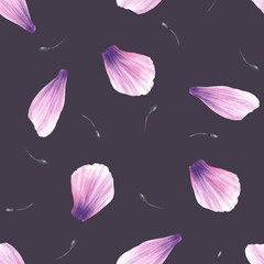 Watercolor petals with stamens from purple pink anemone flowers seamless pattern. Hand drawn gender windflowers illustration. Summer floral fabric, wallpaper on Isolated dark background illustration
