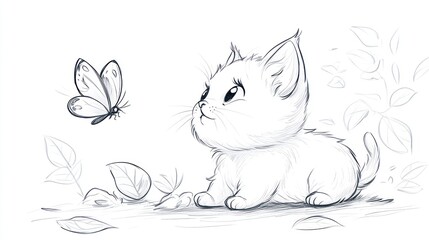 Adorable kitten gazing at a butterfly amidst foliage