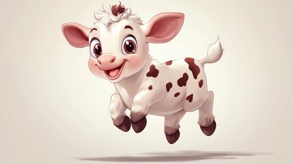 Adorable cartoon calf leaps joyfully, displaying cheerful expression and brown spots