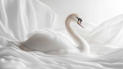 Elegant white swan nestled in soft, flowing white fabric. Serene and graceful pose