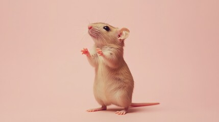 Adorable tiny rodent standing on hind legs against a pale pink backdrop