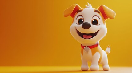 Adorable cartoon puppy, happy expression, orange background