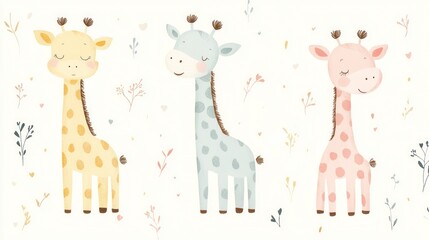 Three adorable giraffes, pastel colors, floral accents
