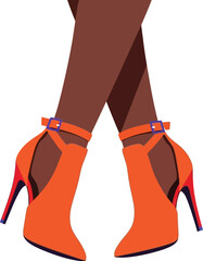 Crossed legs wearing orange high heel shoes on a white background editable stock