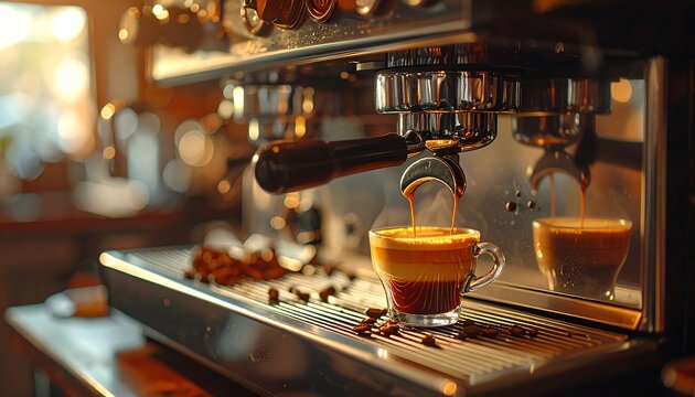 Espresso machine brewing coffee, close up shot.