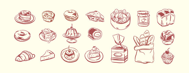 Bread and Cake in Hand-drawn style set, doodle Bakery sketch. Drawing of food elements. fresh baked bread , badge bakery for design menu cafe, label and packaging, whimsical vector illustration