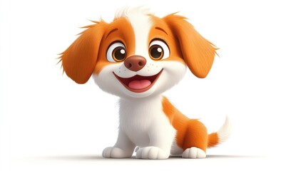 Adorable cartoon puppy, orange and white fur, big eyes, happy expression, sitting