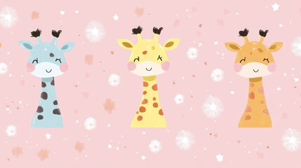 Three cute giraffes in pastel colors,  on a pink background with flowers and stars
