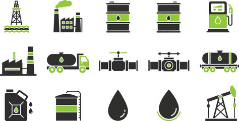 Collection of black and green oil industry related vector icons editable stock
