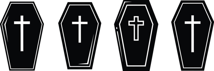 Four black coffin illustrations with crosses on a white background for halloween