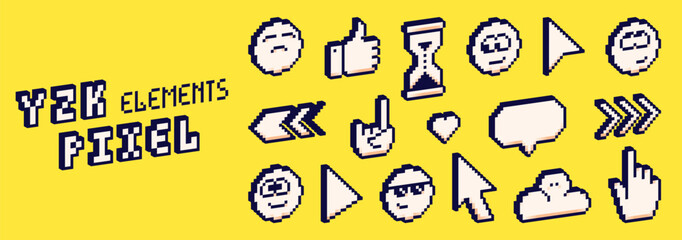 Pixel Y2K 3d user interface elements on yellow background. Isometric 8 bit emoji, arrows, gestures and speech bubble.