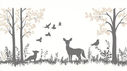 Serene woodland scene with deer, fox, birds, and trees