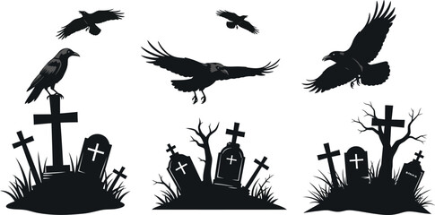 Fototapeta premium Spooky halloween scene with black crows flying over tombstones in silhouette style