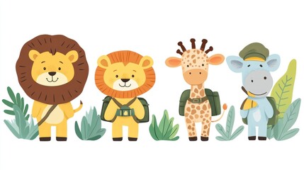 Adorable safari animals, lion, giraffe, hippo, on adventure